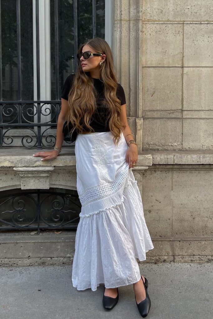 Black Tee and White Maxi Skirt