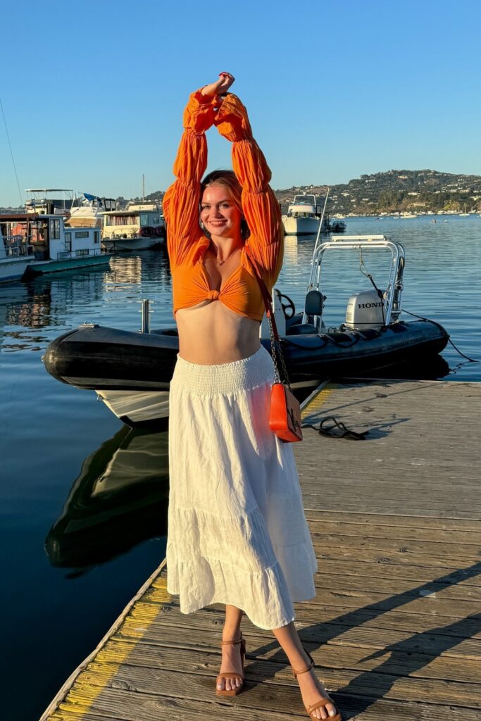 Orange Crop Top and White Maxi Skirt