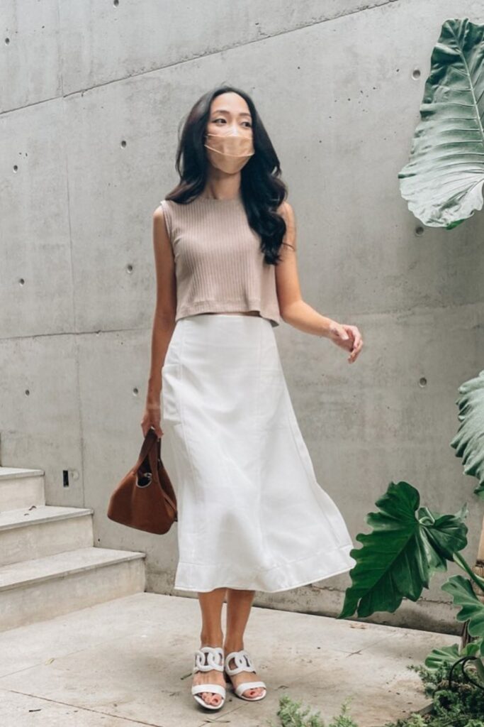 Beige Crop Top and White Midi Skirt