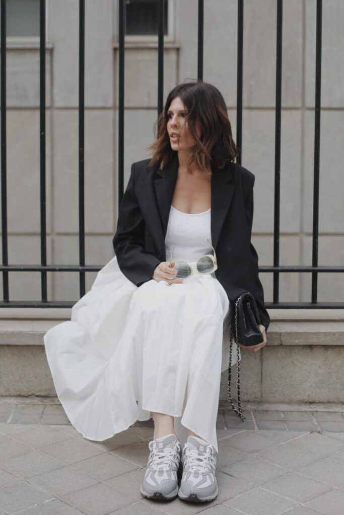 Blazer and Maxi Skirt with Sneakers