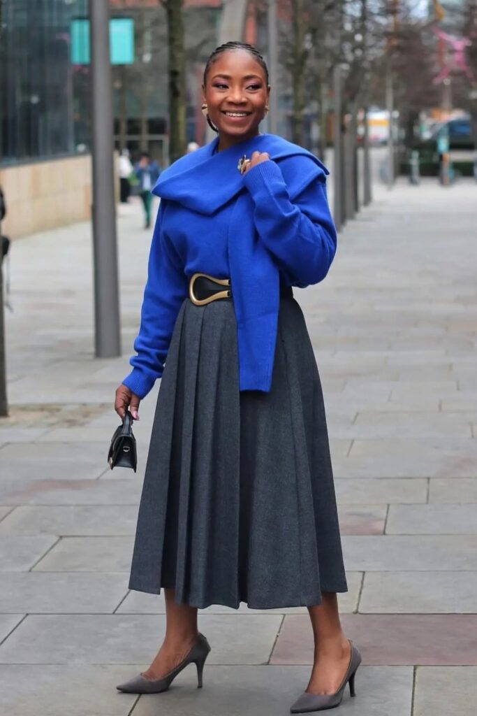 Blue Sweater and Pleated Midi Skirt