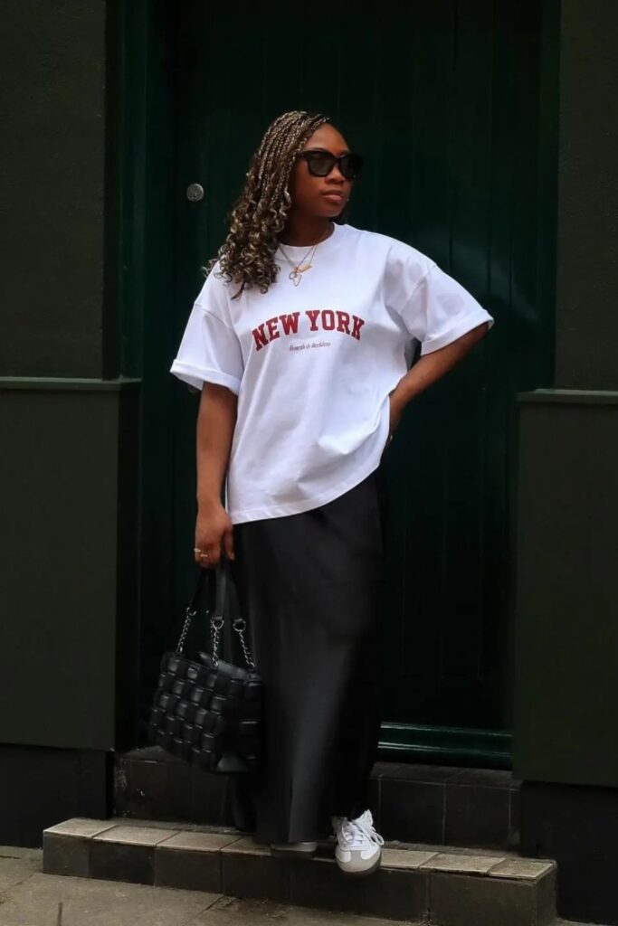 White T-Shirt and Long Black Skirt