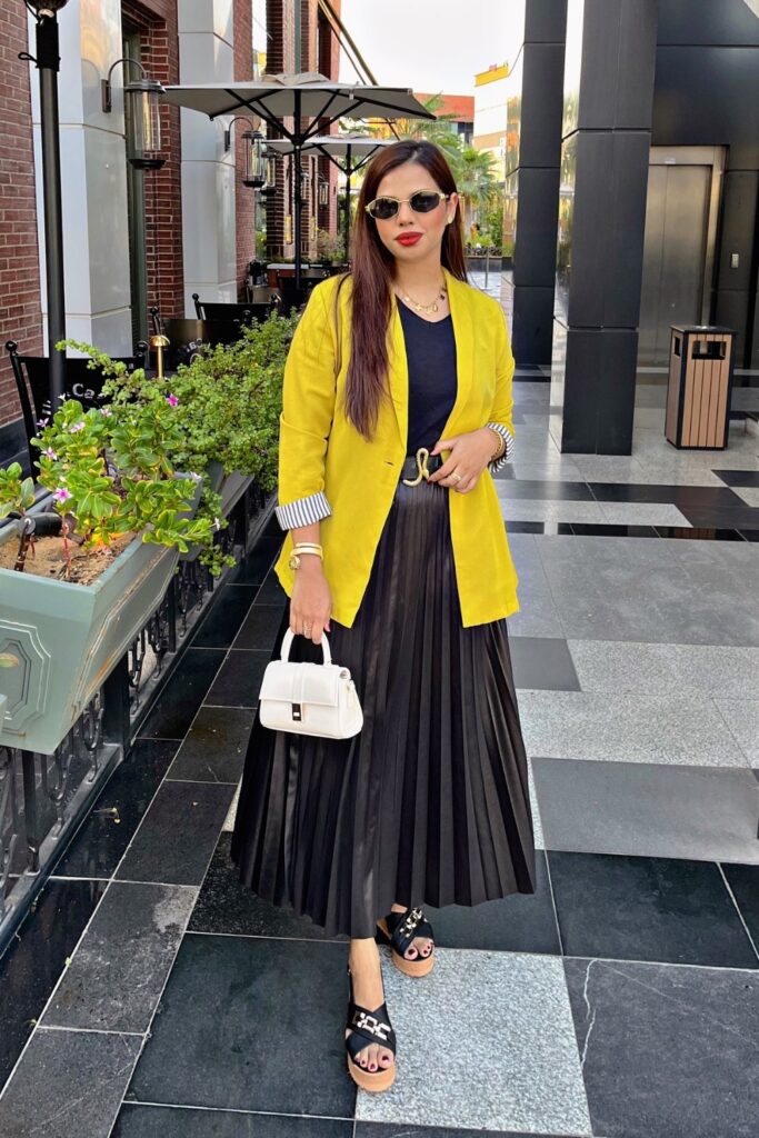 Yellow Blazer and Pleated Maxi Skirt