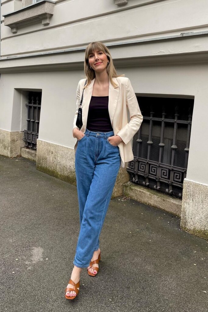 Cream Blazer and Light Wash Jeans