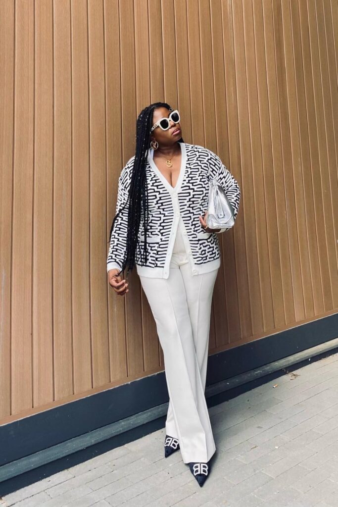 Printed Cardigan, Trousers, and Heels