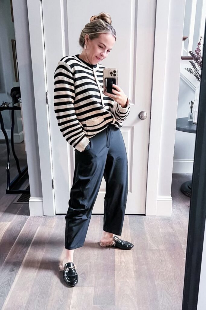 Striped Sweater, Wide-Leg Pants, and Loafers