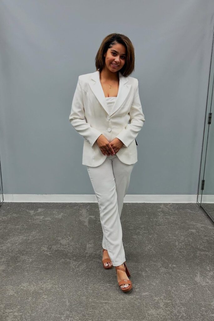 White Blazer, White Pants, White Camisole, and Tan Sandals