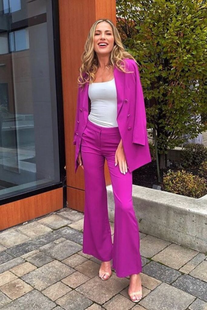 Magenta Blazer, Wide-Leg Pants, White Tank, and Clear Sandals