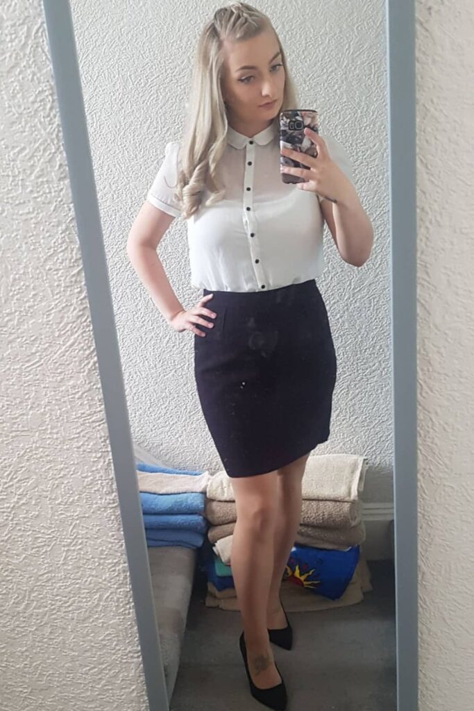 White Button-Up, Black Pencil Skirt, and Black Pumps