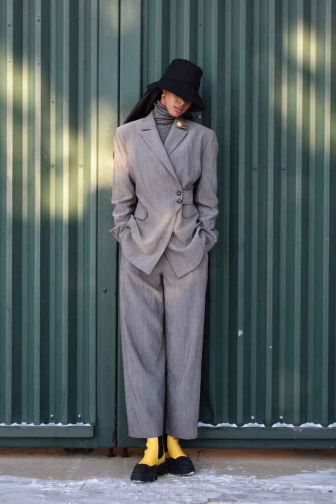 Suit Set, Turtleneck, and Chunky Boots