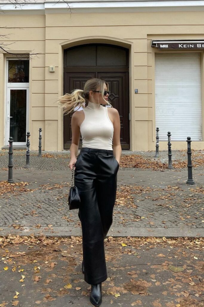 Turtleneck Top, Leather Pants, and Boots