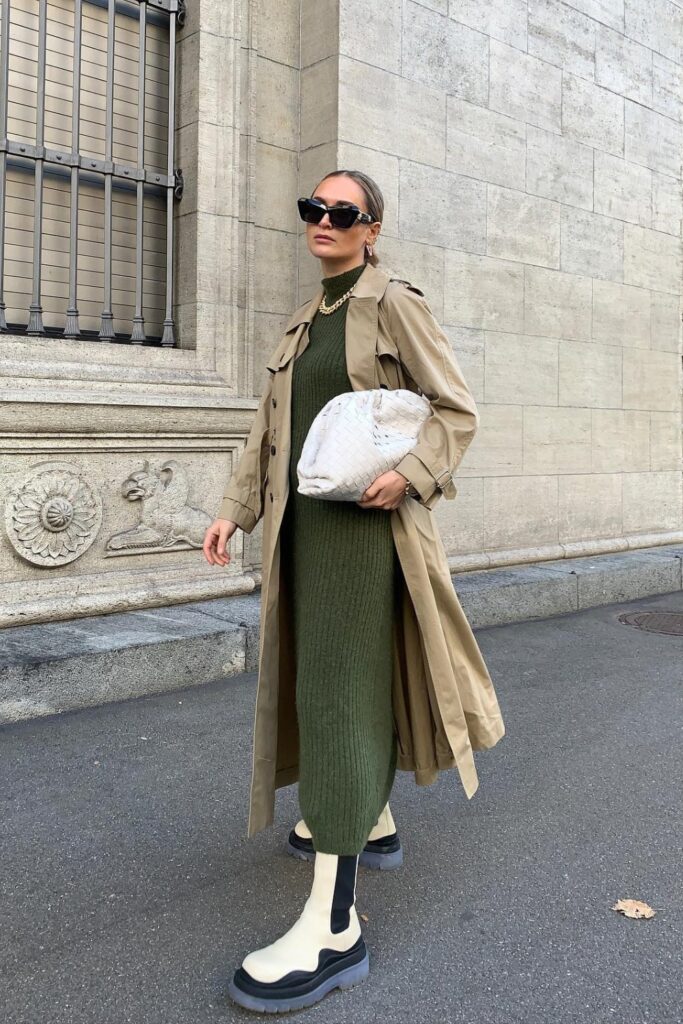 Trench Coat, Sweater Dress, and Ankle Boots