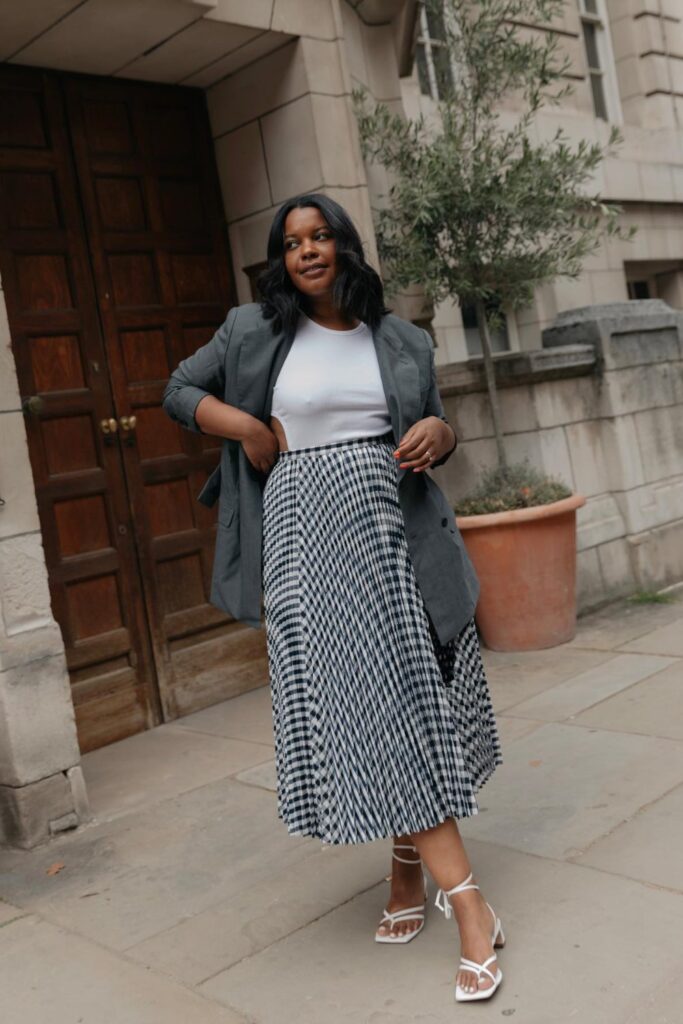 Blazer, T-Shirt, Statement Skirt, and Sandals