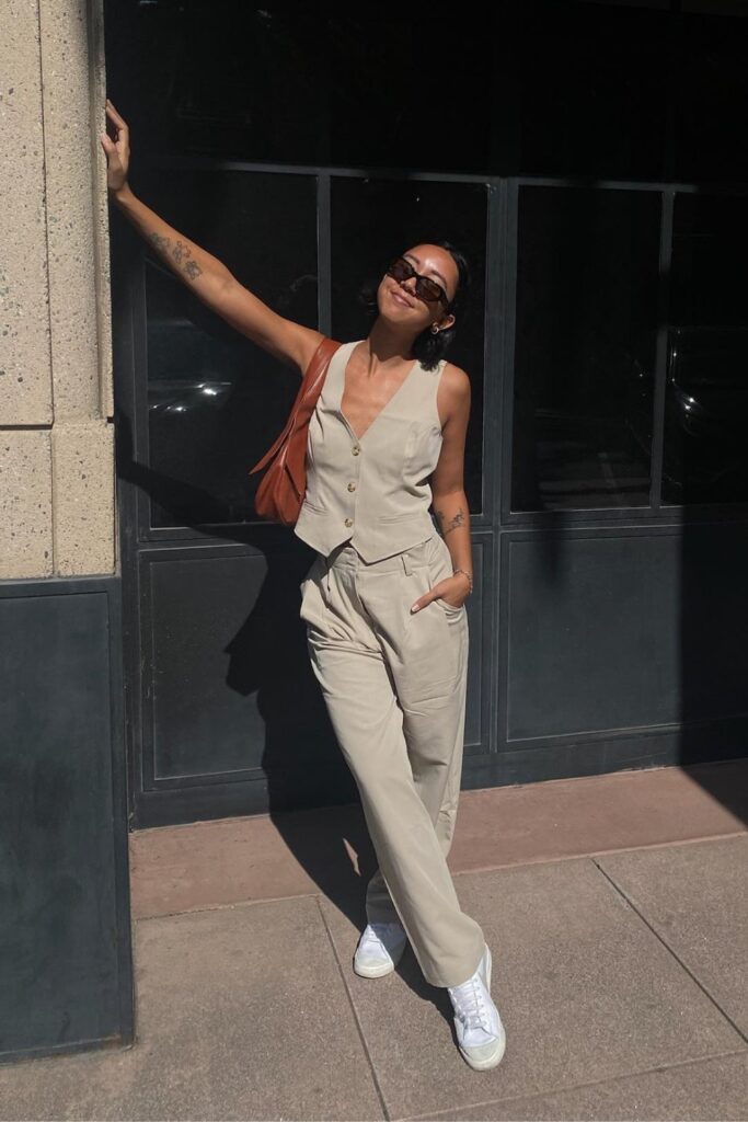 Waistcoat, Oversize Trousers, and Sneakers