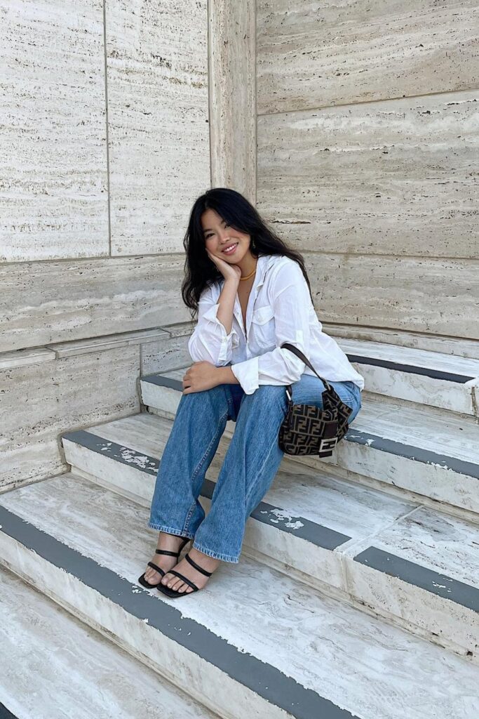 Oversize Button-Up, Jeans, and Sandals
