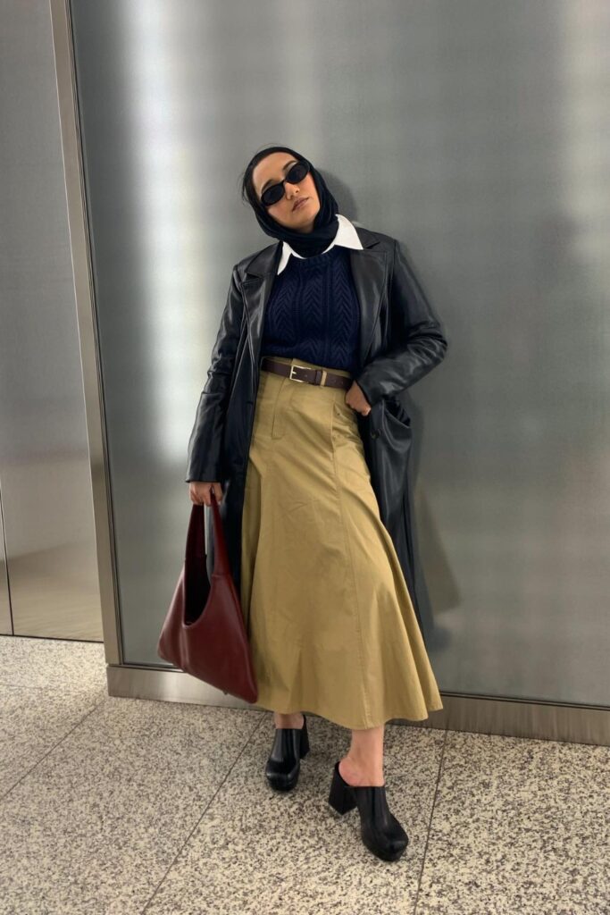 Button-Up, Sweater, Maxi Skirt, Leather Jacket, and Clogs