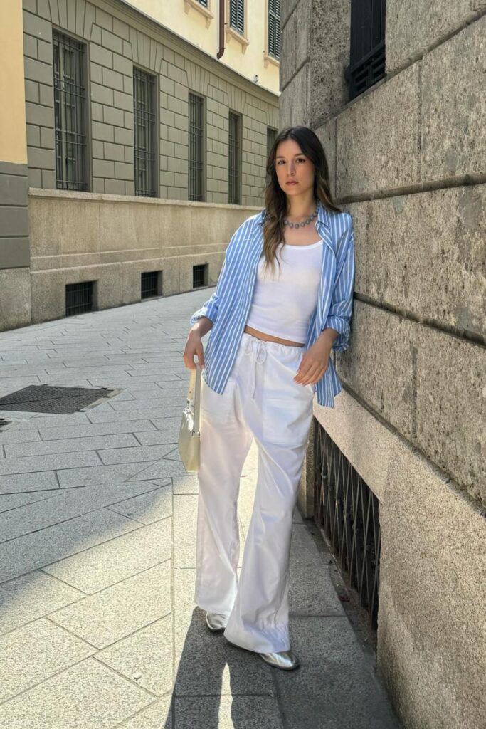 Crop Top, Striped Button-Up, and Wide-Leg Pants