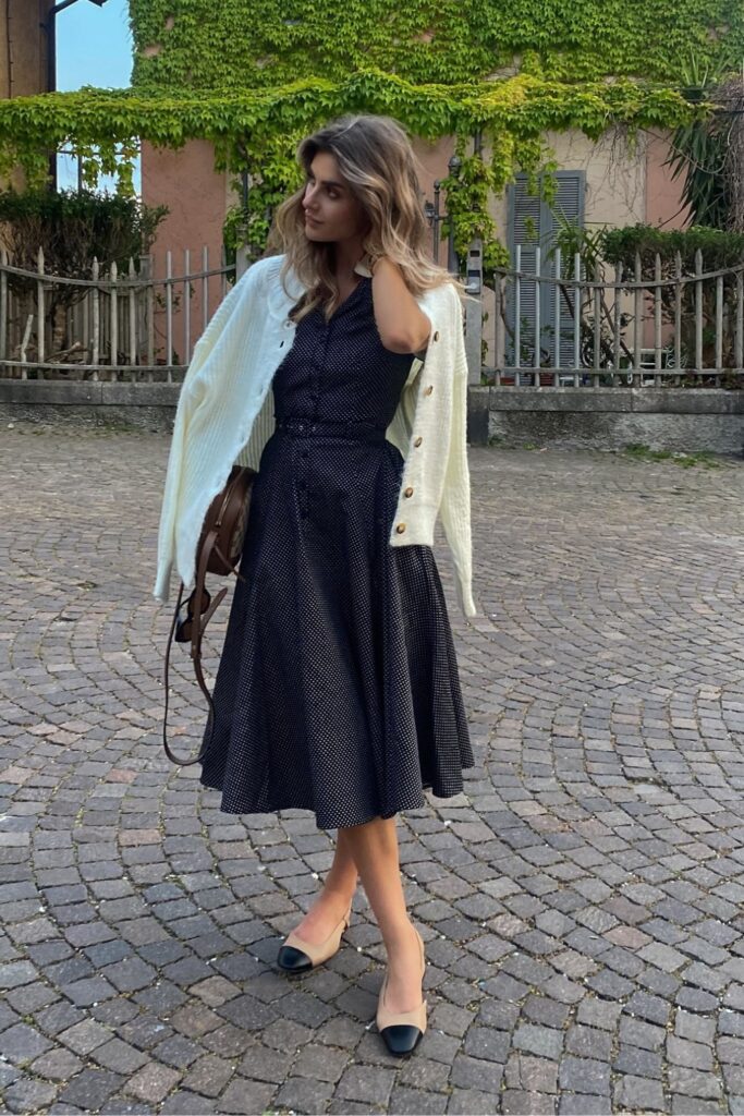 Polka Dot Midi Dress and Cardigan
