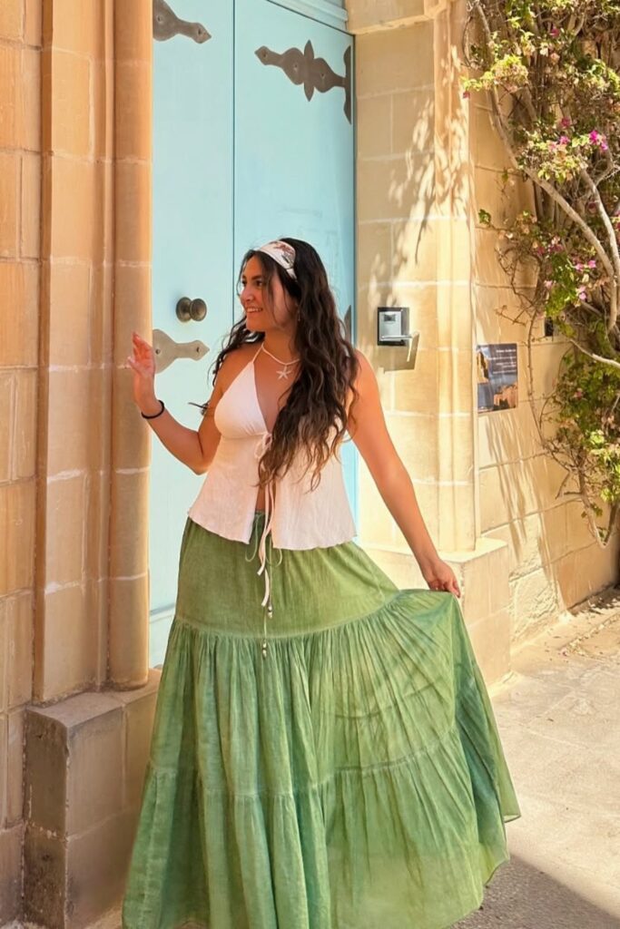 Drawstring-Detail Top and Tiered Maxi Skirt