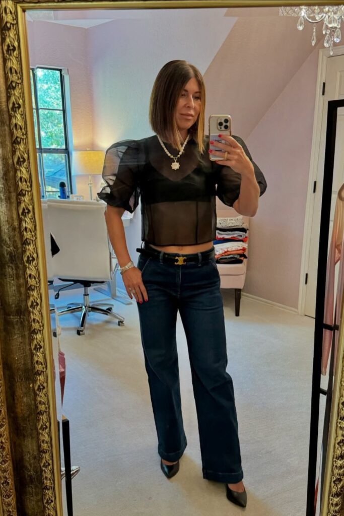 Sheer Black Top and Dark Jeans