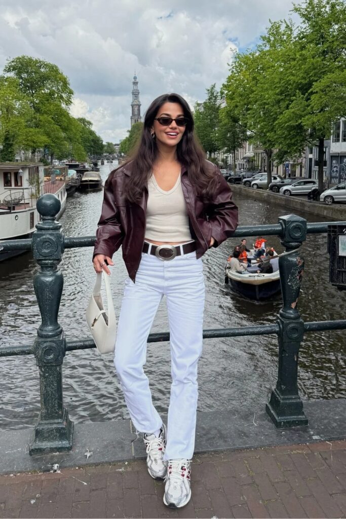 Burgundy Leather Jacket and White Jeans