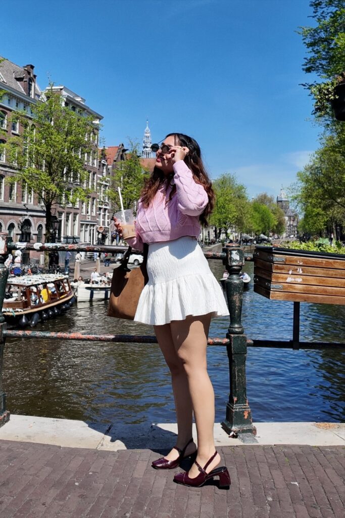 Pink Cardigan and White Mini Skirt