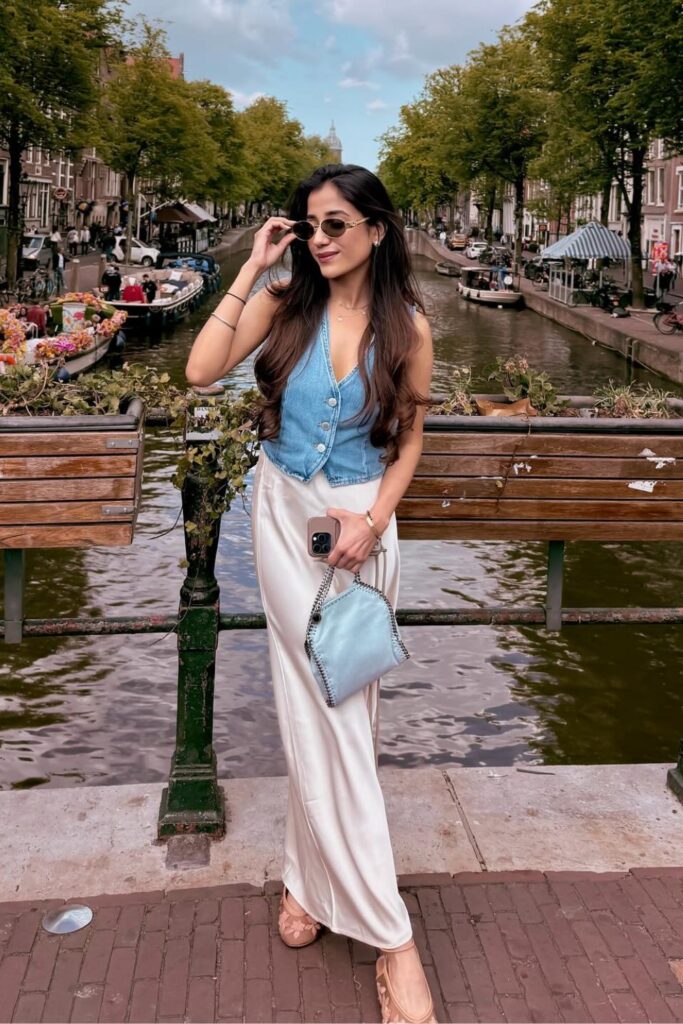 Denim Vest and White Maxi Skirt
