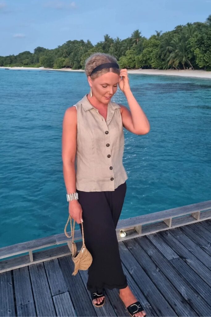 Beige Button-Up and Black Wide-Leg Pants