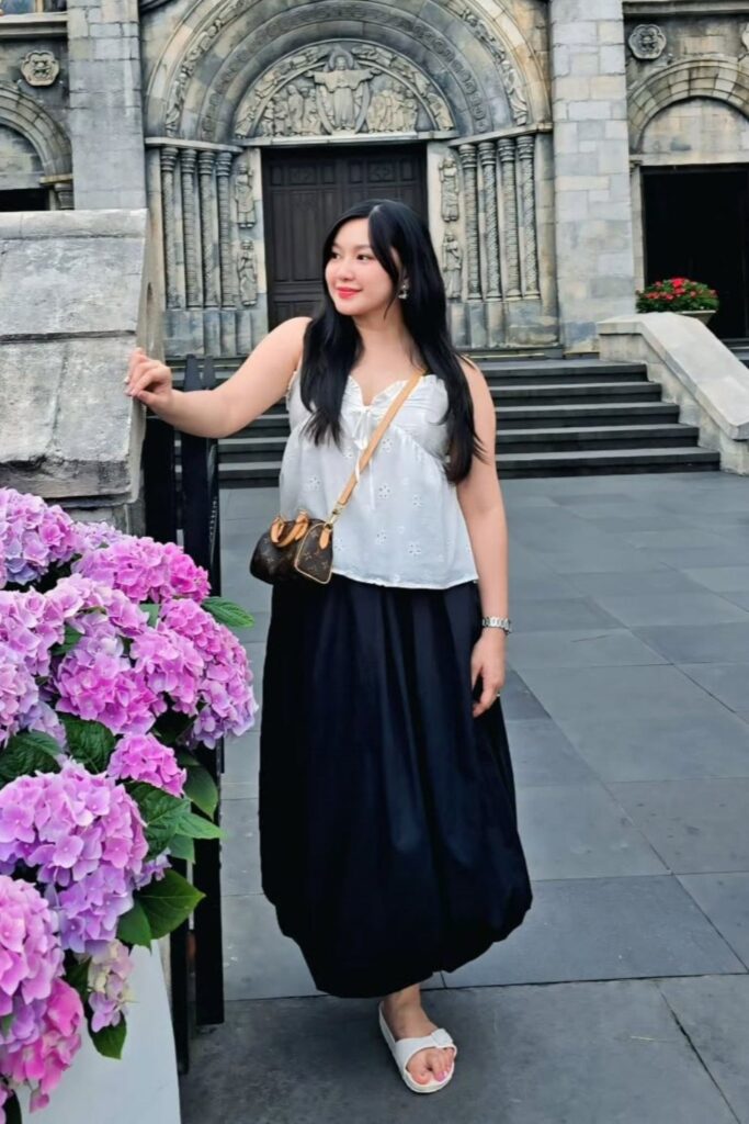 White Lace Top and Dark Maxi Skirt