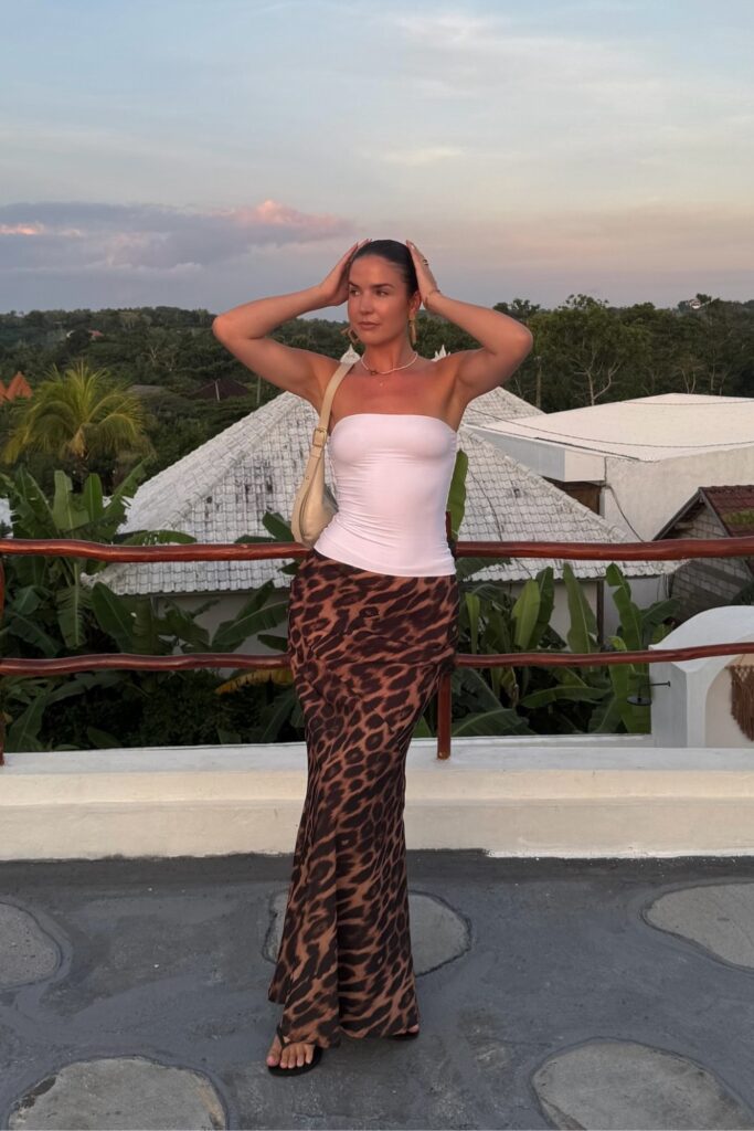 White Strapless Top and Leopard Print Maxi Skirt